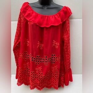 Johnny Was Red 3/4 Sleeve Ruffled Blouse Johnny was tops Johnny was red floral